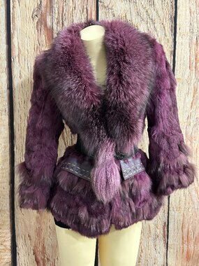 Purple Rabbit Fur Jacket | Fox Fur Collar & Cuffs Y2K Vintage Holiday Coat